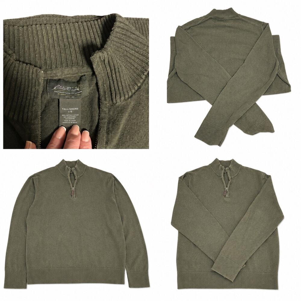 Vintage Eddie Bauer Cotton Cashmere 1/4 Zip Sweater Tall LG Green